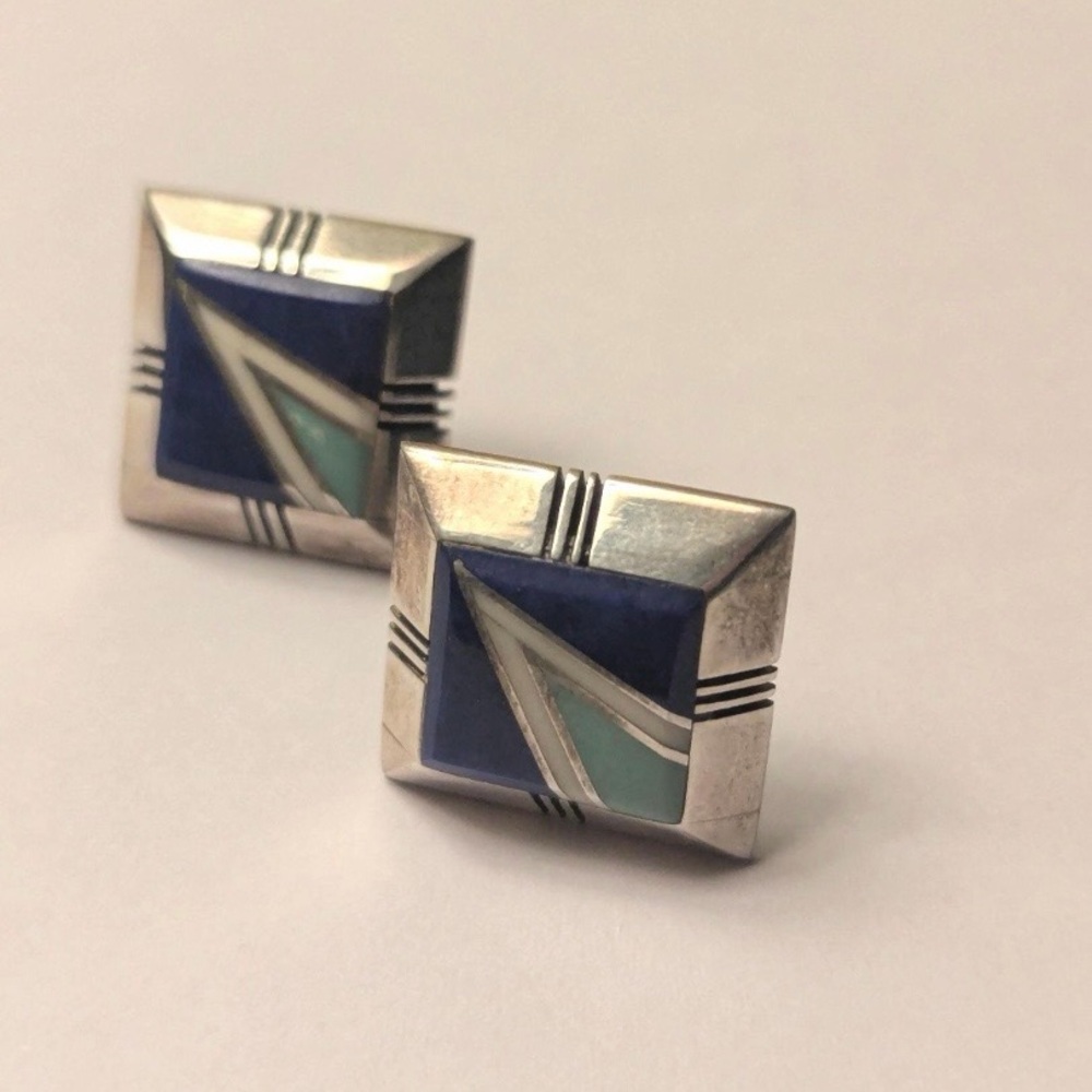 Vintage Gilbert Nelson Native American Lapis Turquoise Navajo Earrings - Picture 2 of 14